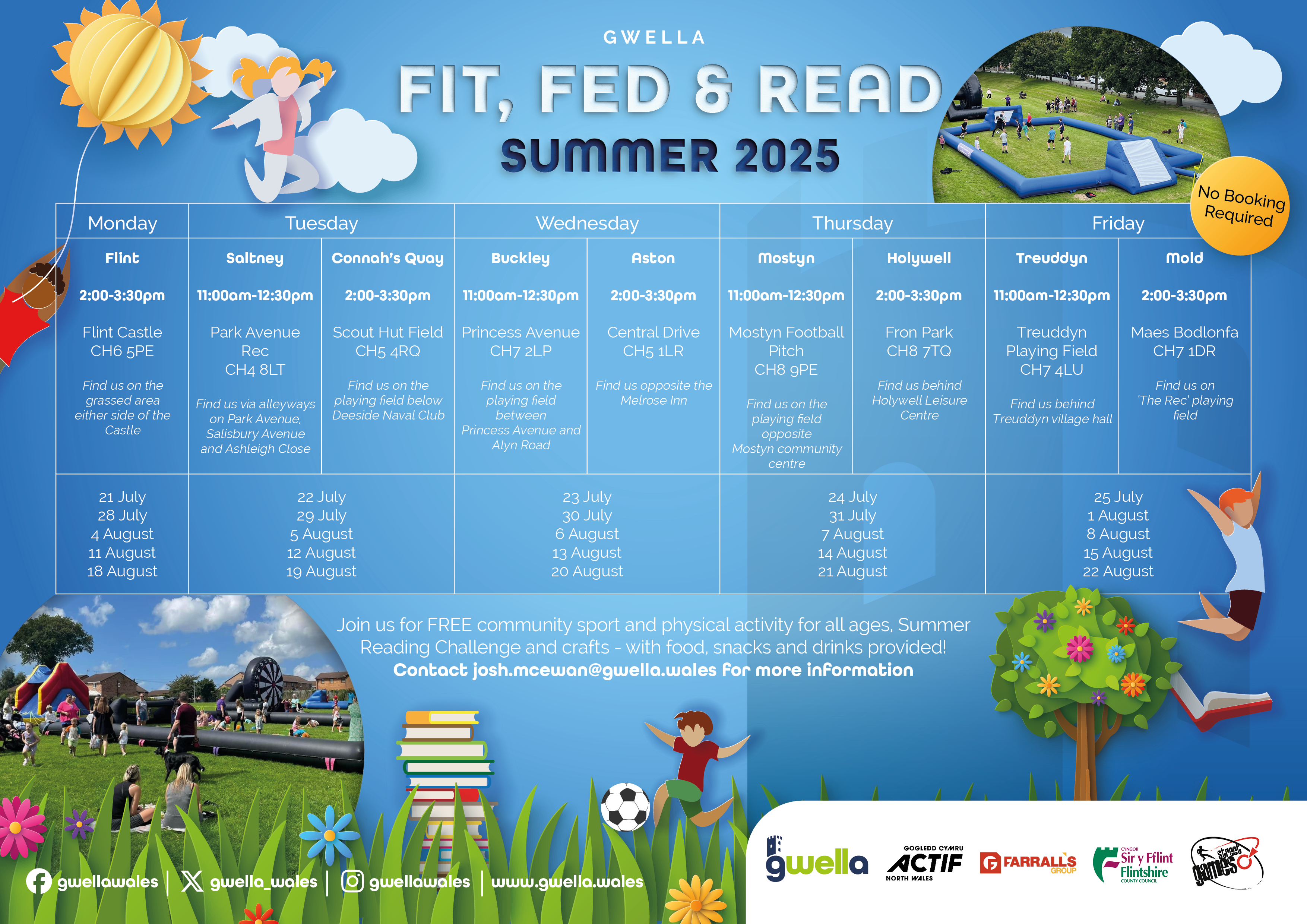 GWELLA - FIT, FED & READ - SUMMER 2025  Monday - Flint  2:00pm - 3:30pm  Flint Castle, CH6 5PE  Find us on the either side of the Castle  21 July, 28 July, 4 August, 11 August, 18 August  Tuesday - Saltney  11:00am - 12:30pm  Park Avenue Rec, CHA 8LT  Fin