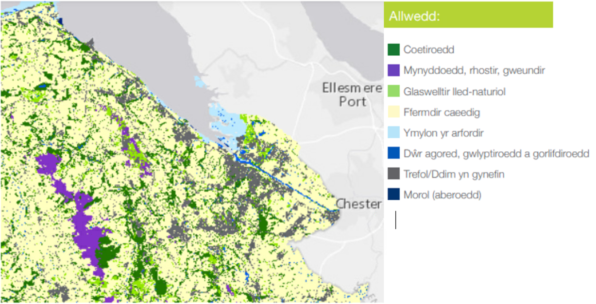 Wwelsh map of distribution of habitats in Flintshire