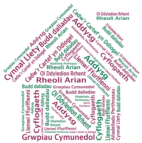 Darlun o dŷ yn cynnwys y geiriau canlynol sy'n gysylltiedig â Chymorth Tai: Budd-daliadau  Llenwi-Ffurlflenni  Cadw'r-Cartef-yn-Ddiogel  Ol-Ddyledion-Rrhent  Addysg  Grwpiau-Cymunedol  Rheoli-Arian  Ailadeiladu-Perthnasau  Cyflogaeth  Cynnal-Tenantiaethau