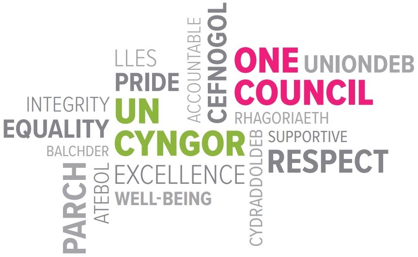 Integrity, Equality, Excellence, Well-being, Accountable, Pride, Supportive, Respect, One Council - Uniondeb, Cydraddoldeb, Rhagoriaeth, Llesiant, Atebolrwydd, Balchder, Cefnogol, Parch, Un Cyngor